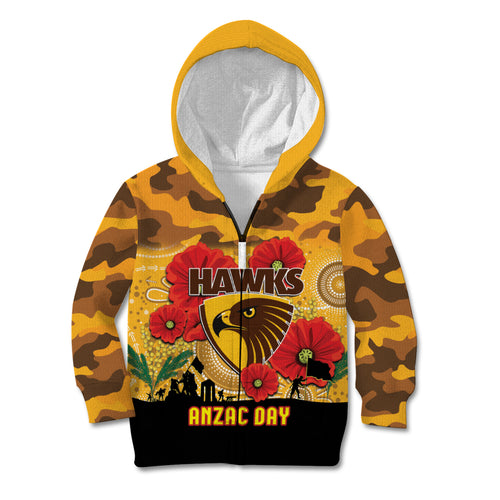 Custom Hawks Football ANZAC Kid Hoodie Gallipoli Camouflage With Poppies