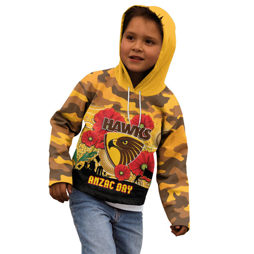 Custom Hawks Football ANZAC Kid Hoodie Gallipoli Camouflage With Poppies