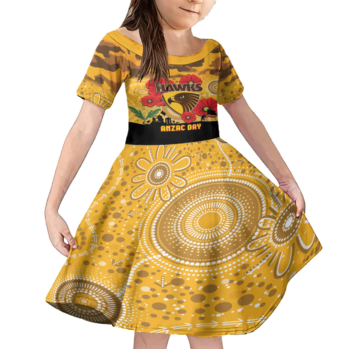 Custom Hawks Football ANZAC Kid Short Sleeve Dress Gallipoli Camouflage With Poppies