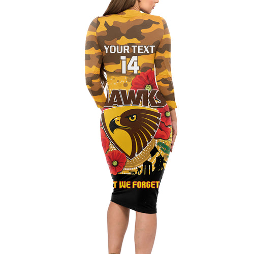 Custom Hawks Football ANZAC Long Sleeve Bodycon Dress Gallipoli Camouflage With Poppies