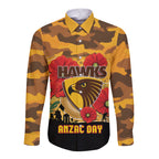 Custom Hawks Football ANZAC Long Sleeve Button Shirt Gallipoli Camouflage With Poppies