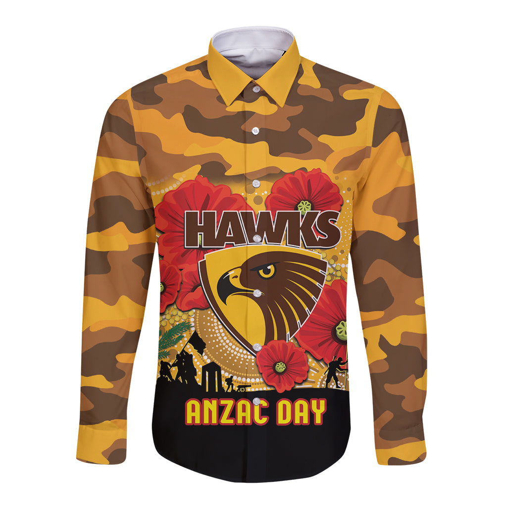 Custom Hawks Football ANZAC Long Sleeve Button Shirt Gallipoli Camouflage With Poppies