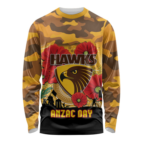 Custom Hawks Football ANZAC Long Sleeve Shirt Gallipoli Camouflage With Poppies
