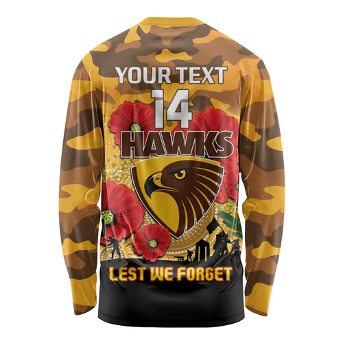 Custom Hawks Football ANZAC Long Sleeve Shirt Gallipoli Camouflage With Poppies