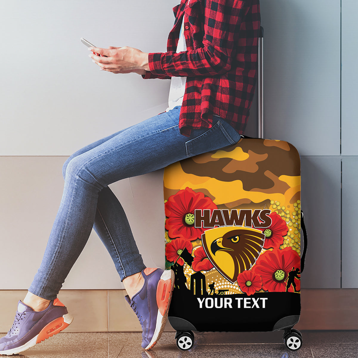 Custom Hawks Football ANZAC Luggage Cover Gallipoli Camouflage With Poppies