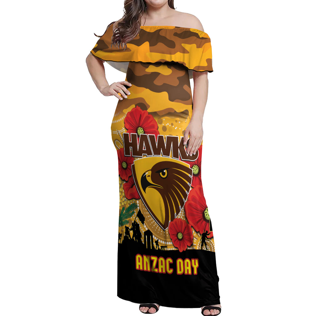 Custom Hawks Football ANZAC Off Shoulder Maxi Dress Gallipoli Camouflage With Poppies