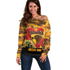 Custom Hawks Football ANZAC Off Shoulder Sweater Gallipoli Camouflage With Poppies