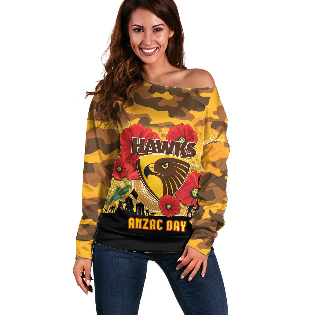 Custom Hawks Football ANZAC Off Shoulder Sweater Gallipoli Camouflage With Poppies