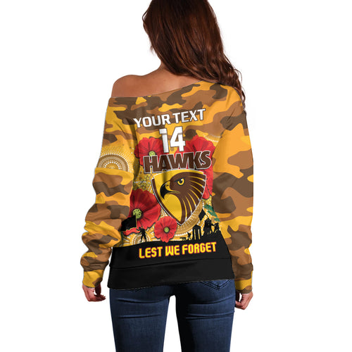 Custom Hawks Football ANZAC Off Shoulder Sweater Gallipoli Camouflage With Poppies