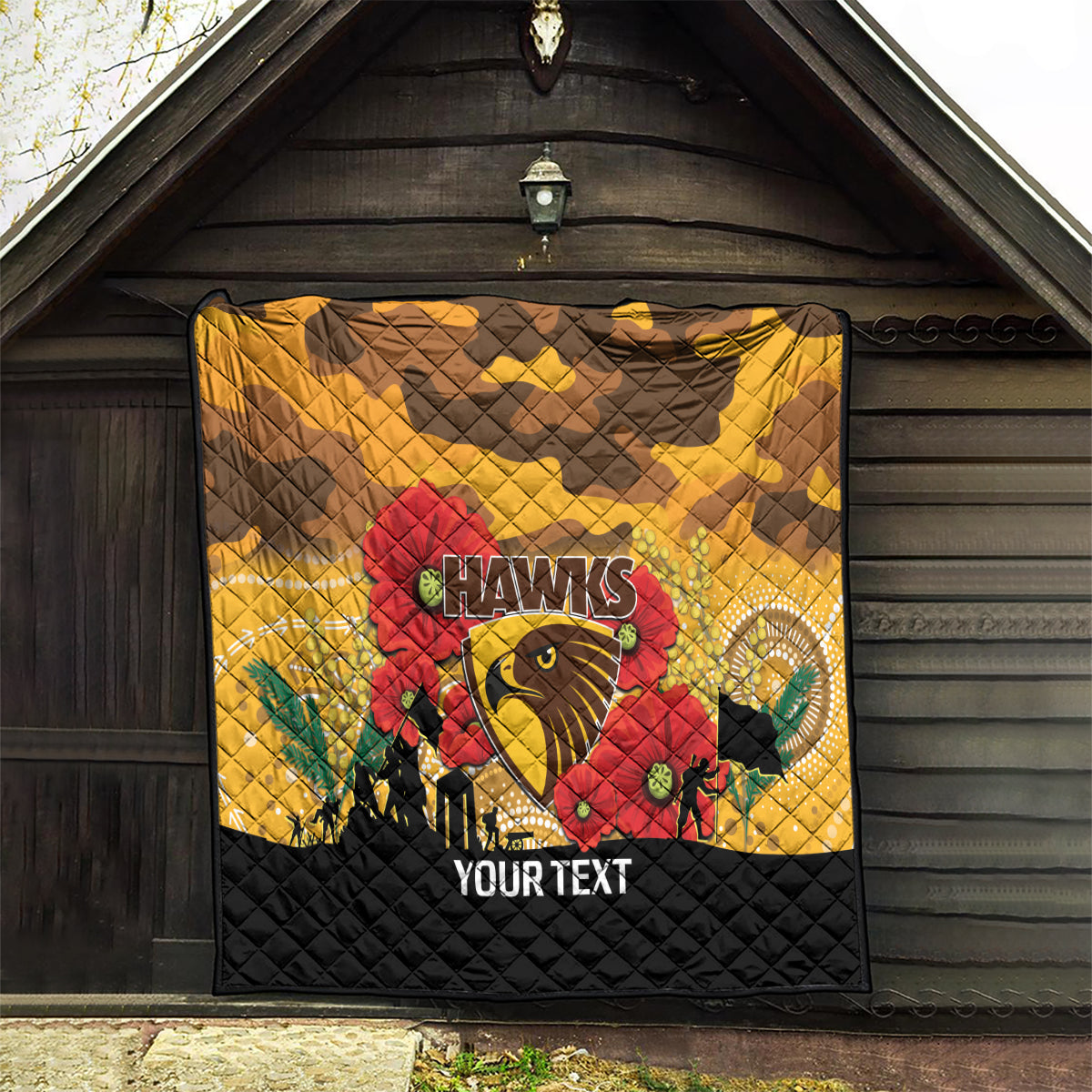 Custom Hawks Football ANZAC Quilt Gallipoli Camouflage With Poppies
