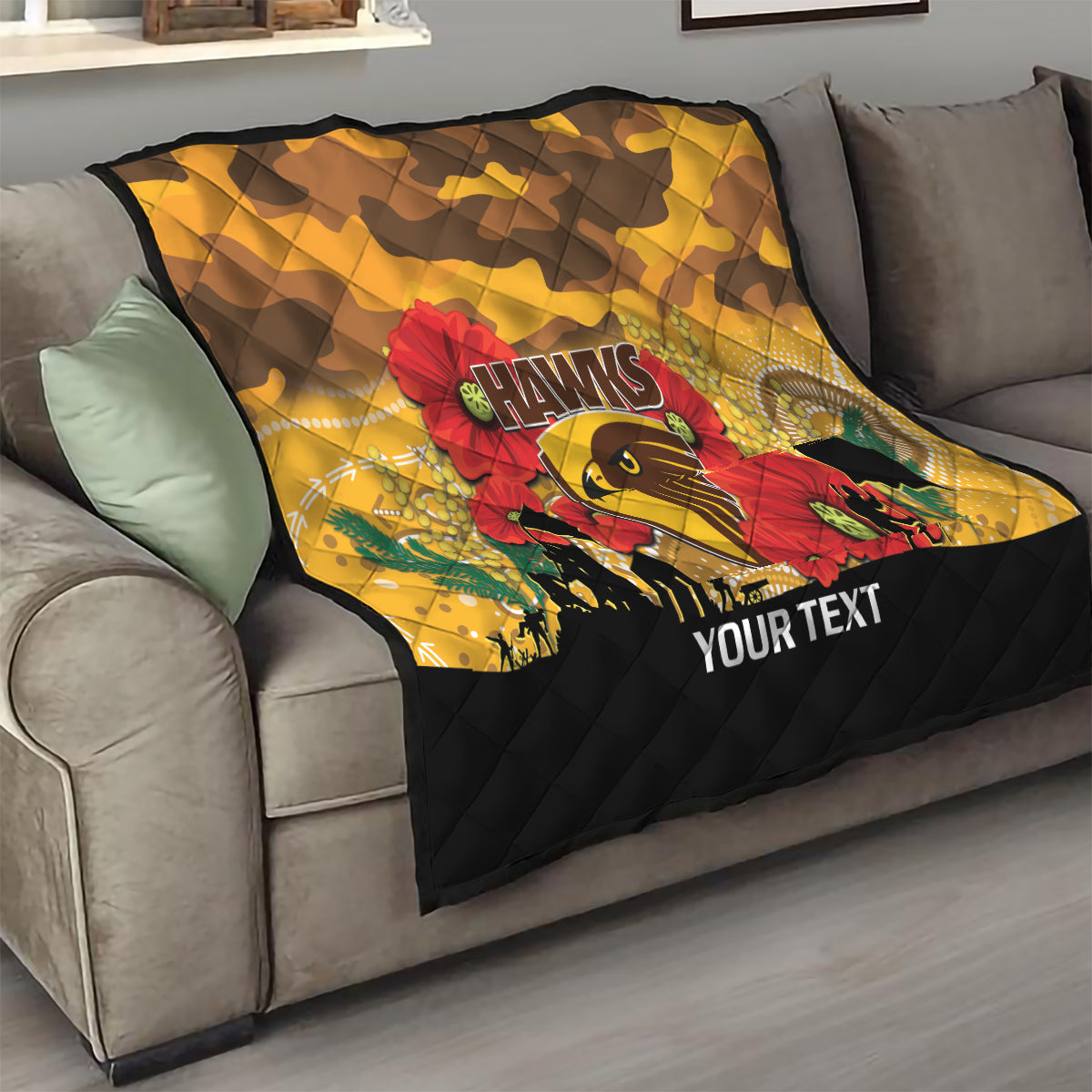 Custom Hawks Football ANZAC Quilt Gallipoli Camouflage With Poppies