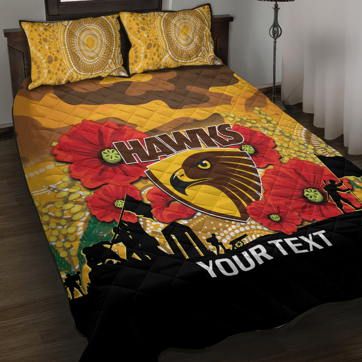 Custom Hawks Football ANZAC Quilt Bed Set Gallipoli Camouflage With Poppies