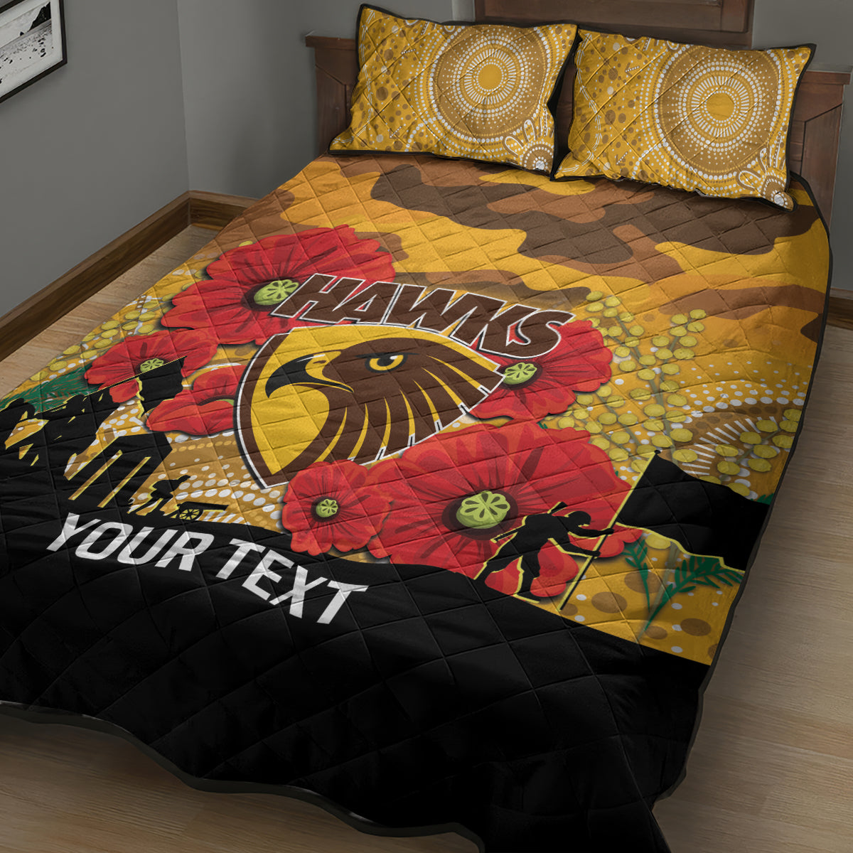 Custom Hawks Football ANZAC Quilt Bed Set Gallipoli Camouflage With Poppies