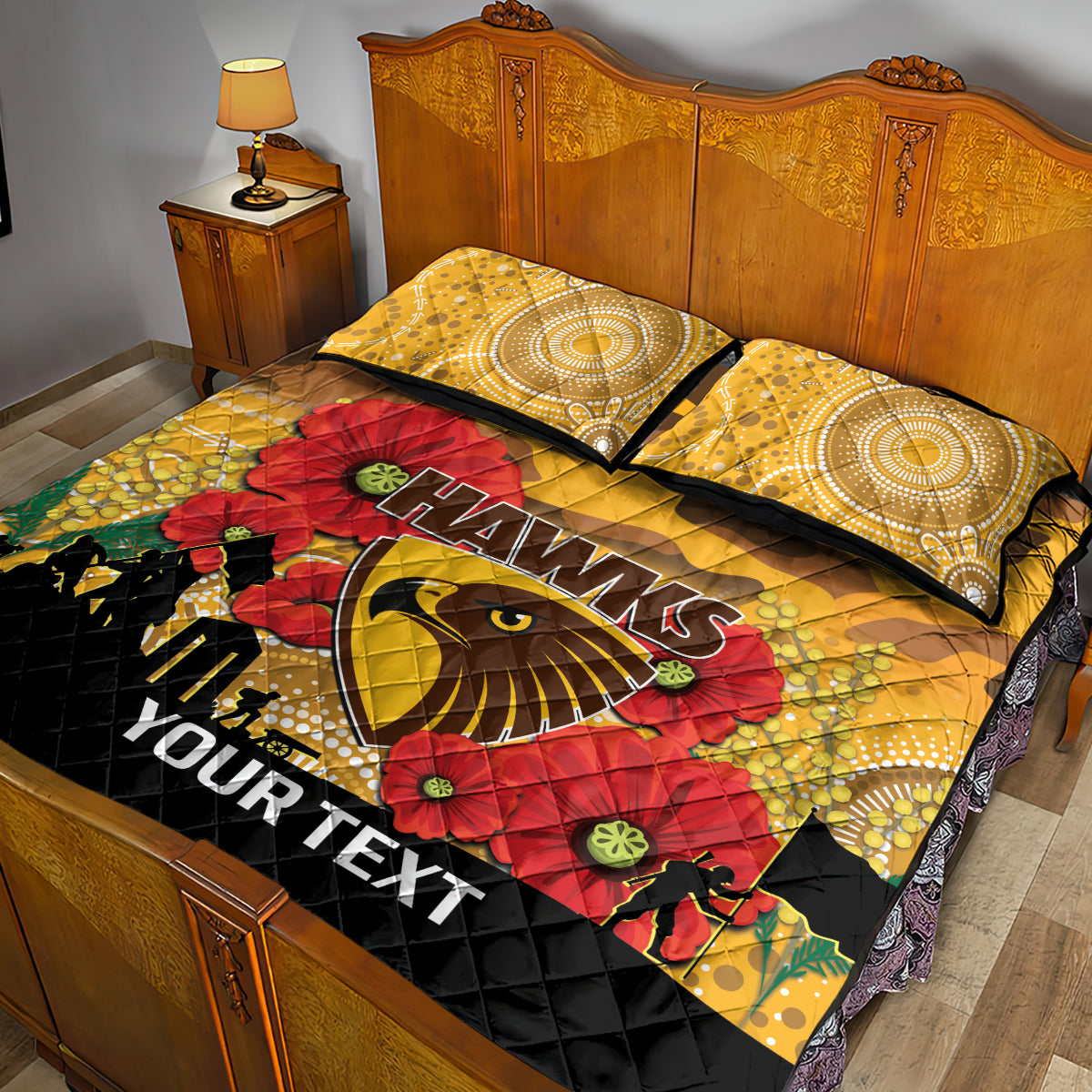 Custom Hawks Football ANZAC Quilt Bed Set Gallipoli Camouflage With Poppies