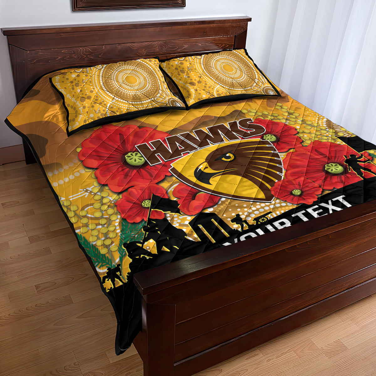 Custom Hawks Football ANZAC Quilt Bed Set Gallipoli Camouflage With Poppies