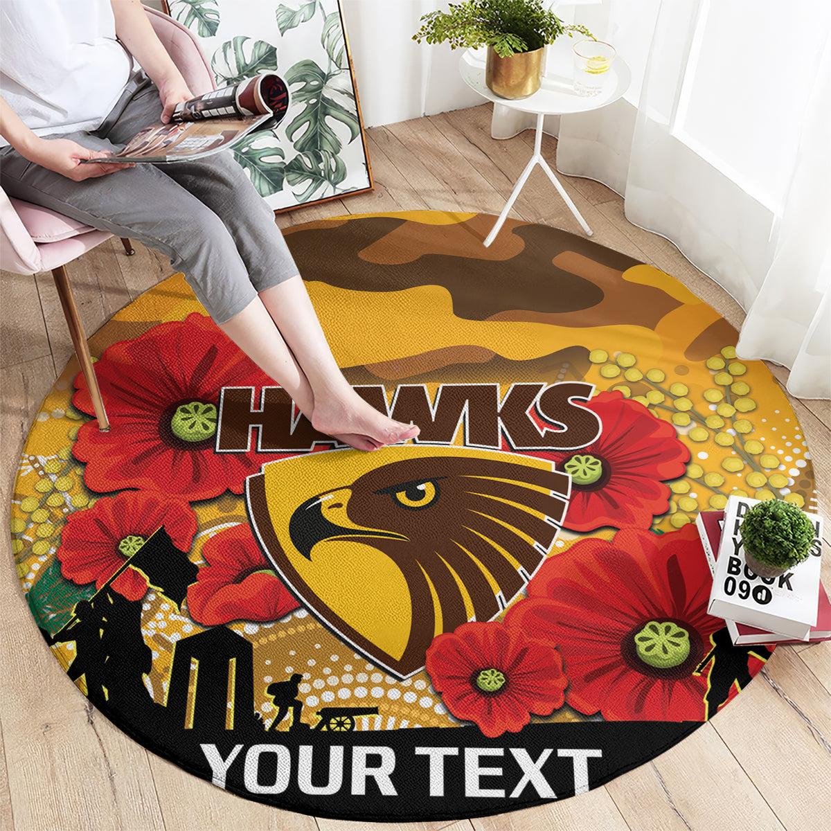 Custom Hawks Football ANZAC Round Carpet Gallipoli Camouflage With Poppies