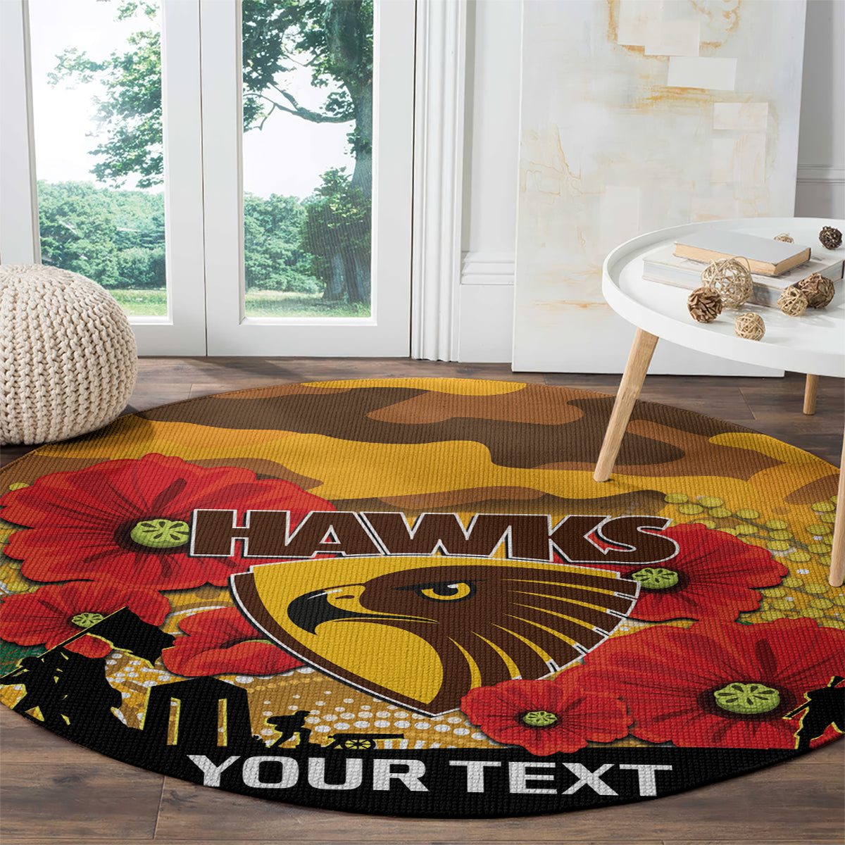 Custom Hawks Football ANZAC Round Carpet Gallipoli Camouflage With Poppies