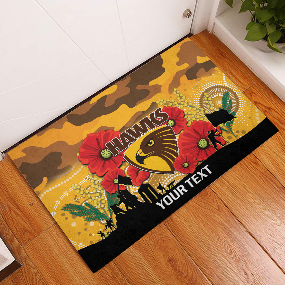 Custom Hawks Football ANZAC Rubber Doormat Gallipoli Camouflage With Poppies