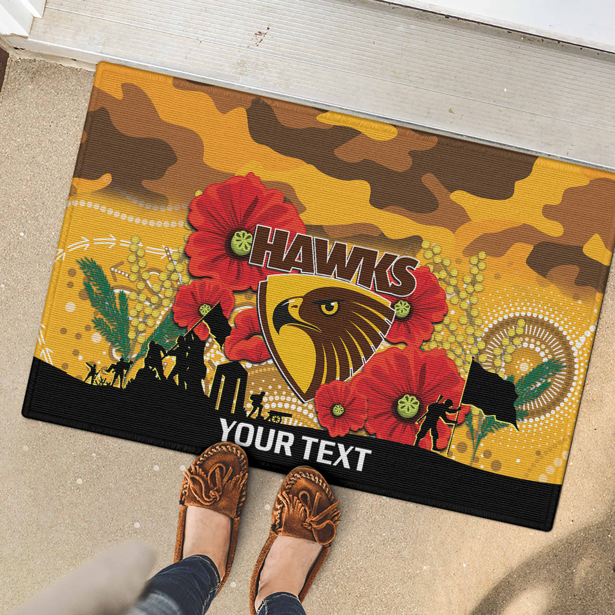 Custom Hawks Football ANZAC Rubber Doormat Gallipoli Camouflage With Poppies