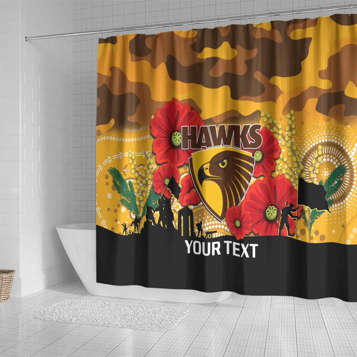 Custom Hawks Football ANZAC Shower Curtain Gallipoli Camouflage With Poppies