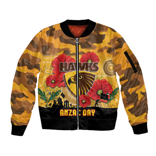 Custom Hawks Football ANZAC Sleeve Zip Bomber Jacket Gallipoli Camouflage With Poppies