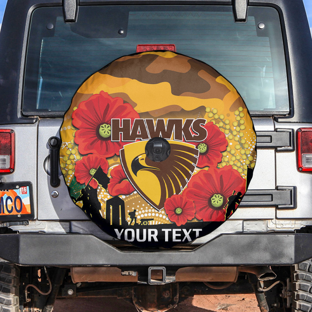 Custom Hawks Football ANZAC Spare Tire Cover Gallipoli Camouflage With Poppies