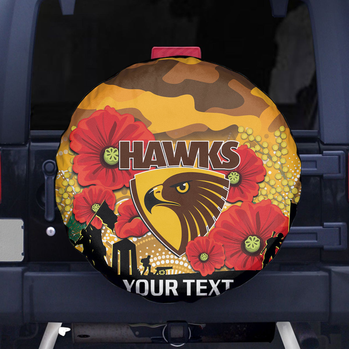 Custom Hawks Football ANZAC Spare Tire Cover Gallipoli Camouflage With Poppies