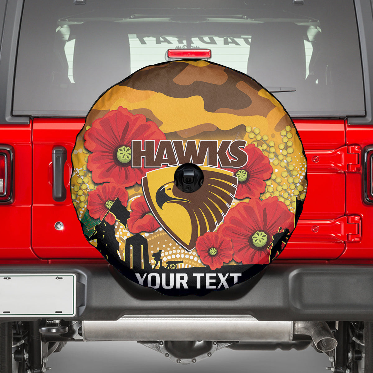 Custom Hawks Football ANZAC Spare Tire Cover Gallipoli Camouflage With Poppies