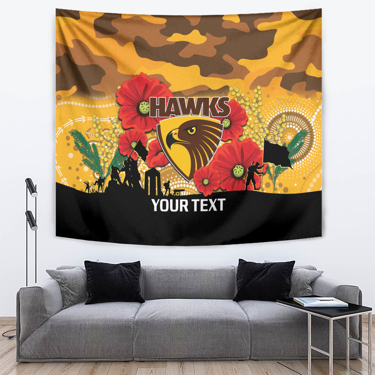 Custom Hawks Football ANZAC Tapestry Gallipoli Camouflage With Poppies