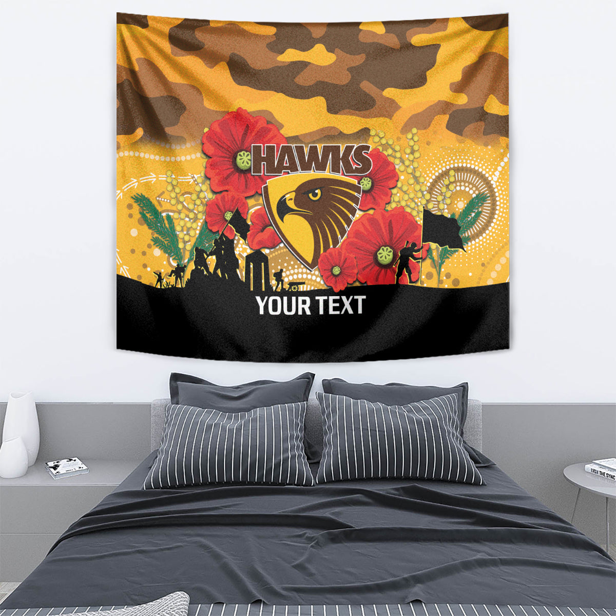 Custom Hawks Football ANZAC Tapestry Gallipoli Camouflage With Poppies