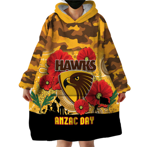 Custom Hawks Football ANZAC Wearable Blanket Hoodie Gallipoli Camouflage With Poppies