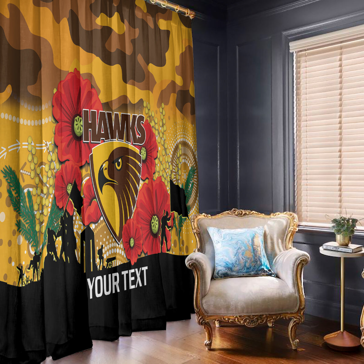 Custom Hawks Football ANZAC Window Curtain Gallipoli Camouflage With Poppies
