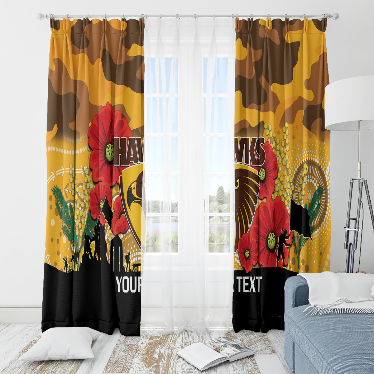 Custom Hawks Football ANZAC Window Curtain Gallipoli Camouflage With Poppies
