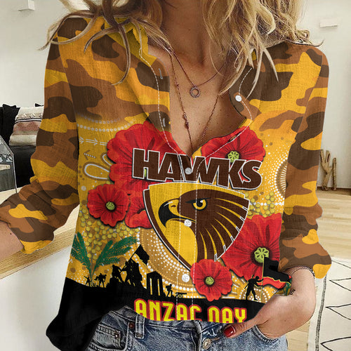 Custom Hawks Football ANZAC Women Casual Shirt Gallipoli Camouflage With Poppies