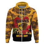 Custom Hawks Football ANZAC Zip Hoodie Gallipoli Camouflage With Poppies