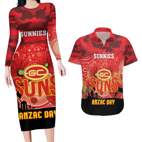 Custom Suns Football ANZAC Couples Matching Long Sleeve Bodycon Dress and Hawaiian Shirt Gallipoli Camouflage With Poppies