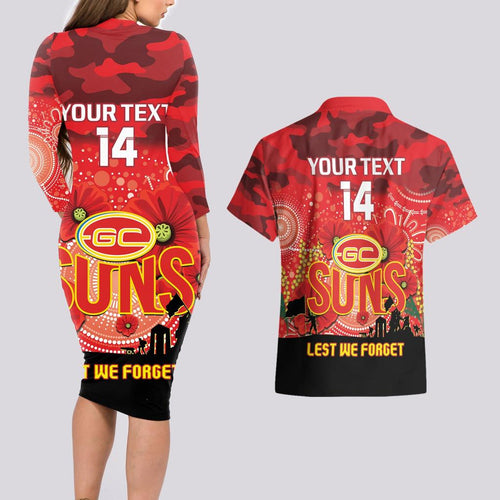 Custom Suns Football ANZAC Couples Matching Long Sleeve Bodycon Dress and Hawaiian Shirt Gallipoli Camouflage With Poppies