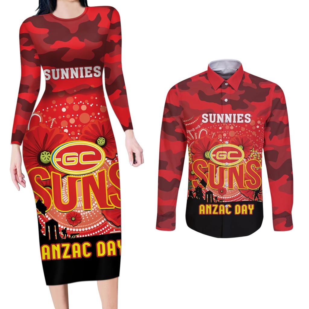 Custom Suns Football ANZAC Couples Matching Long Sleeve Bodycon Dress and Long Sleeve Button Shirt Gallipoli Camouflage With Poppies