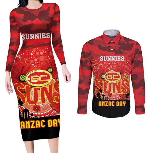 Custom Suns Football ANZAC Couples Matching Long Sleeve Bodycon Dress and Long Sleeve Button Shirt Gallipoli Camouflage With Poppies