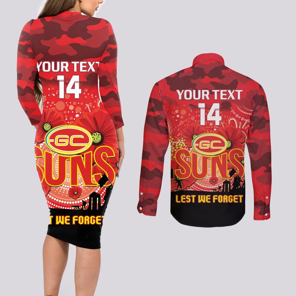 Custom Suns Football ANZAC Couples Matching Long Sleeve Bodycon Dress and Long Sleeve Button Shirt Gallipoli Camouflage With Poppies