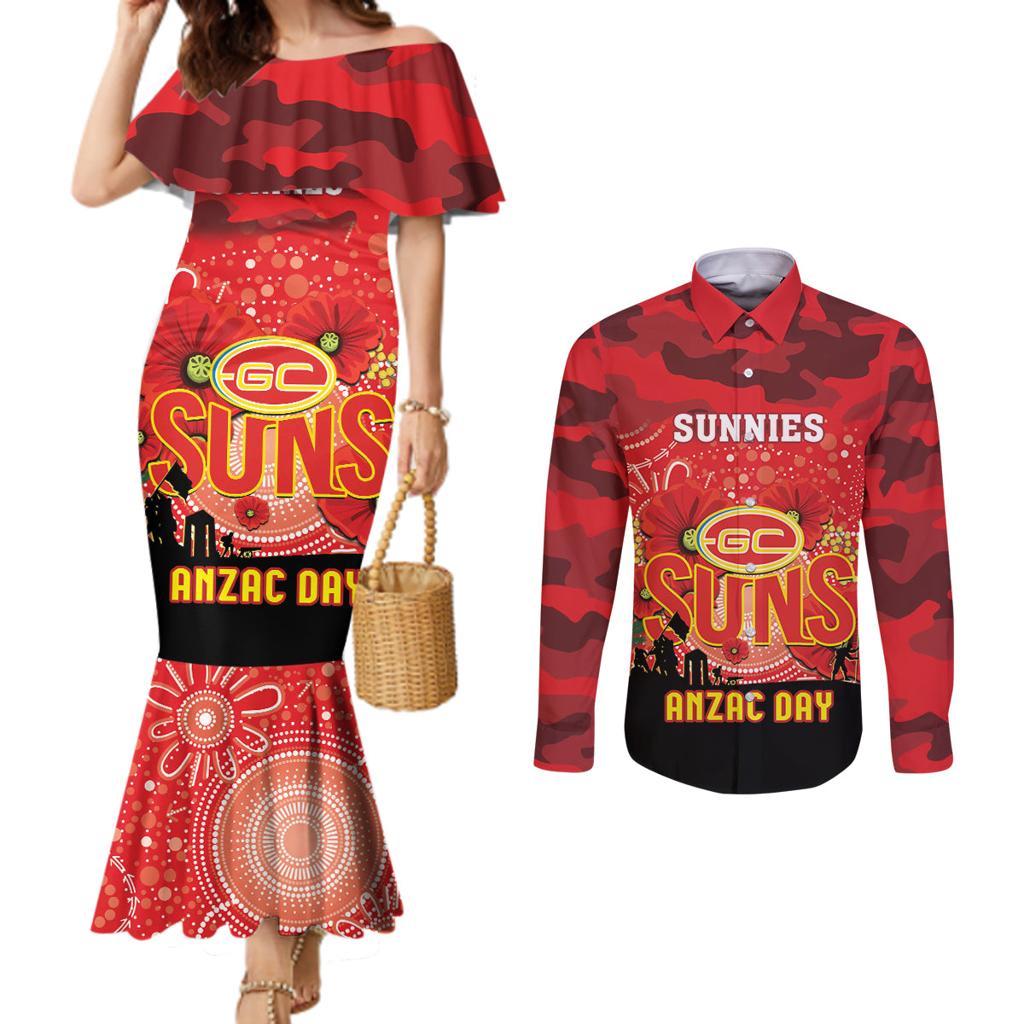 Custom Suns Football ANZAC Couples Matching Mermaid Dress and Long Sleeve Button Shirt Gallipoli Camouflage With Poppies
