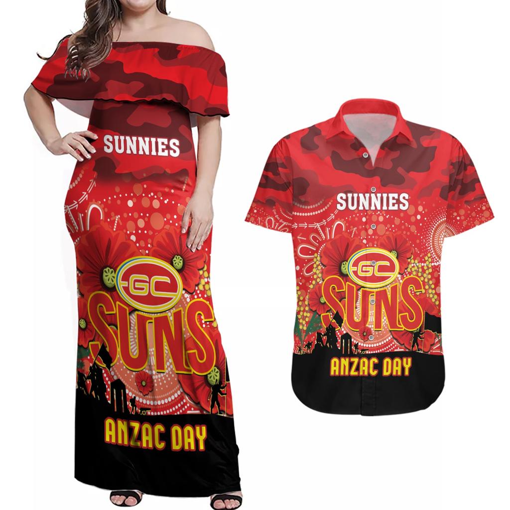 Custom Suns Football ANZAC Couples Matching Off Shoulder Maxi Dress and Hawaiian Shirt Gallipoli Camouflage With Poppies