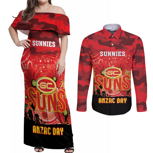 Custom Suns Football ANZAC Couples Matching Off Shoulder Maxi Dress and Long Sleeve Button Shirt Gallipoli Camouflage With Poppies