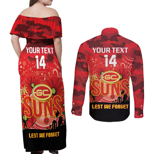 Custom Suns Football ANZAC Couples Matching Off Shoulder Maxi Dress and Long Sleeve Button Shirt Gallipoli Camouflage With Poppies