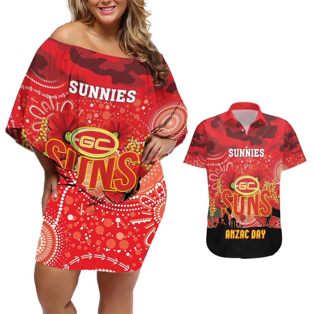 Custom Suns Football ANZAC Couples Matching Off Shoulder Short Dress and Hawaiian Shirt Gallipoli Camouflage With Poppies