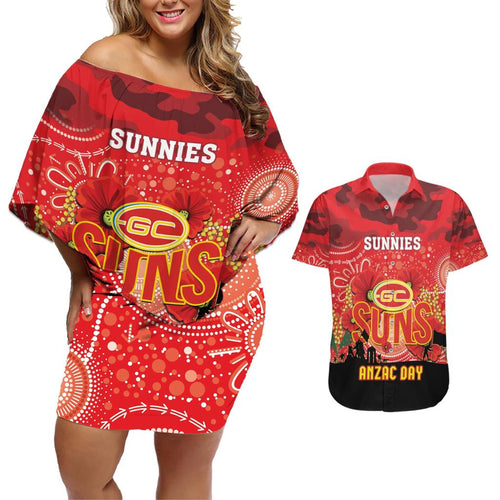 Custom Suns Football ANZAC Couples Matching Off Shoulder Short Dress and Hawaiian Shirt Gallipoli Camouflage With Poppies