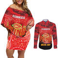 Custom Suns Football ANZAC Couples Matching Off Shoulder Short Dress and Long Sleeve Button Shirt Gallipoli Camouflage With Poppies