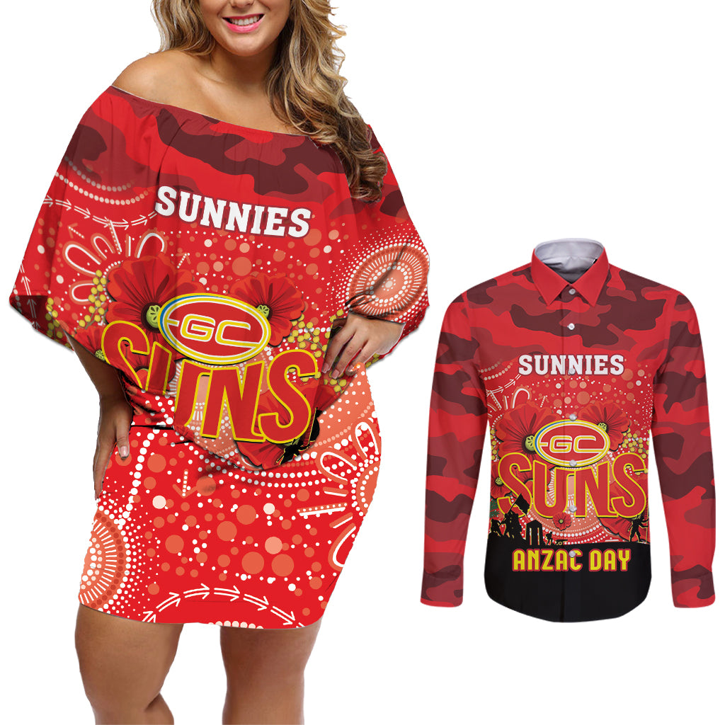 Custom Suns Football ANZAC Couples Matching Off Shoulder Short Dress and Long Sleeve Button Shirt Gallipoli Camouflage With Poppies