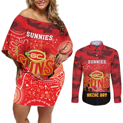 Custom Suns Football ANZAC Couples Matching Off Shoulder Short Dress and Long Sleeve Button Shirt Gallipoli Camouflage With Poppies