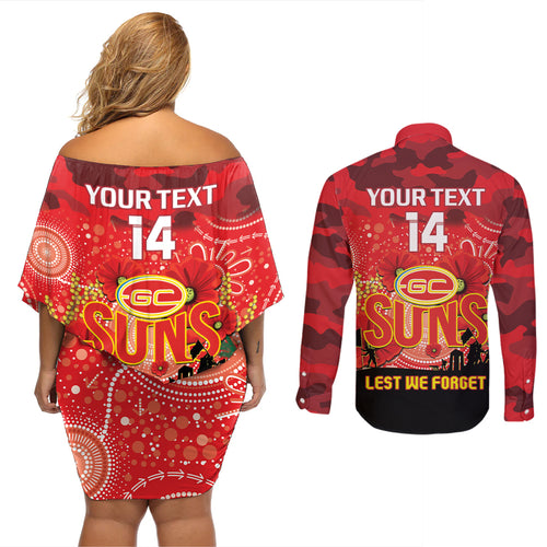 Custom Suns Football ANZAC Couples Matching Off Shoulder Short Dress and Long Sleeve Button Shirt Gallipoli Camouflage With Poppies